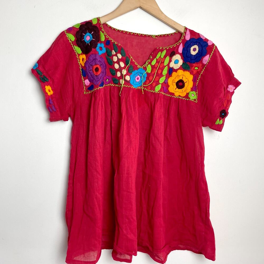 Embroidered Boho Mexican Folk Top Large Red Gathered Bust Colorful Festival